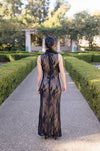  Sleeveless Mock Neck Floral Lace Maxi Dress Black