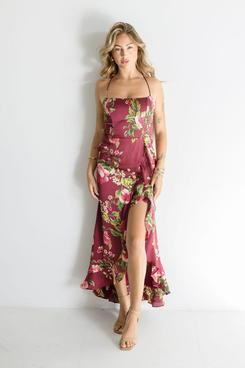 Sleeveless Back Tie Floral Print Maxi Dress Burgundy