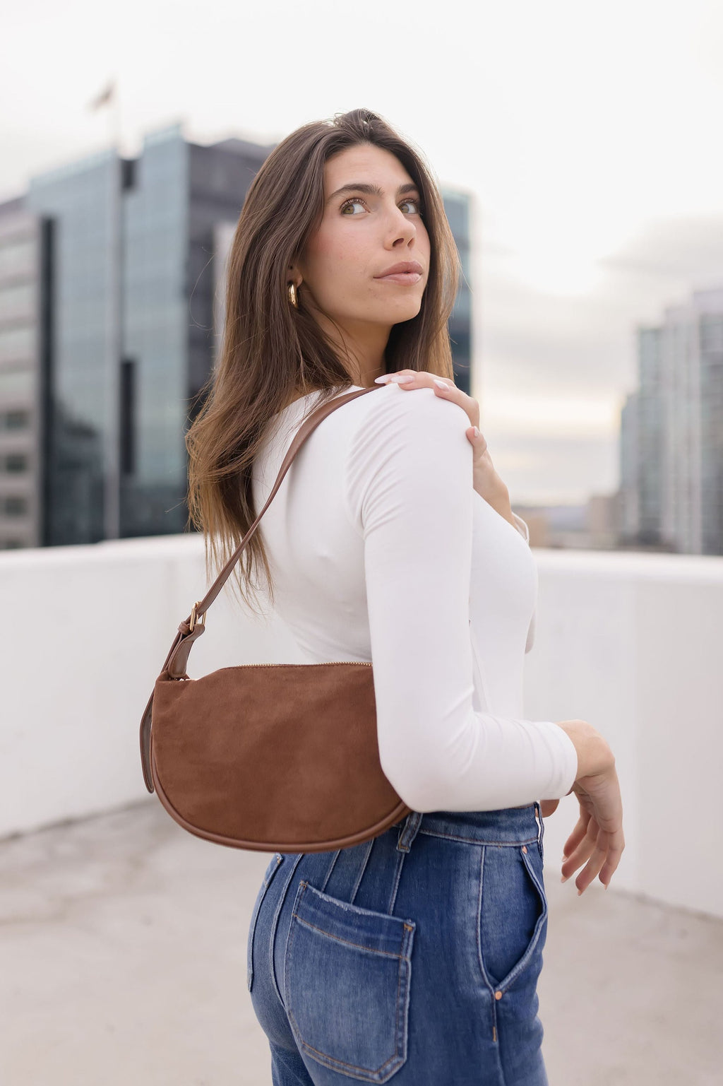 Faux Suede Shoulder Purse Brown