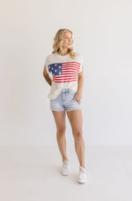 America Flag Print Cap Sleeve Raw Hem Sweater Top White