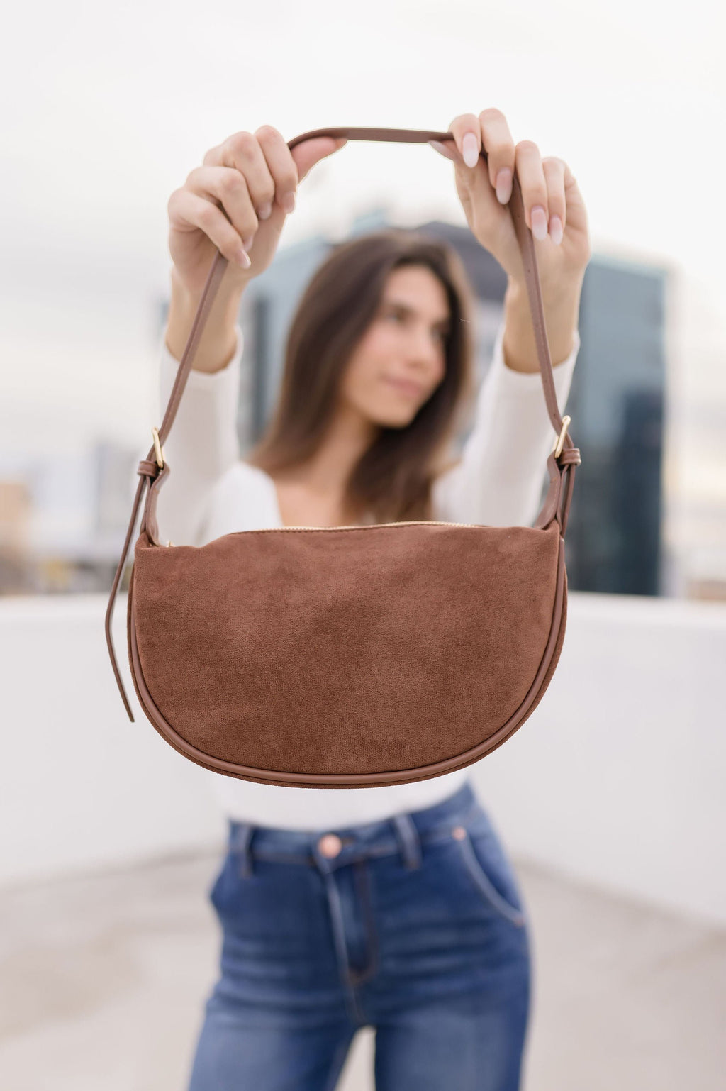 Faux Suede Shoulder Purse Brown