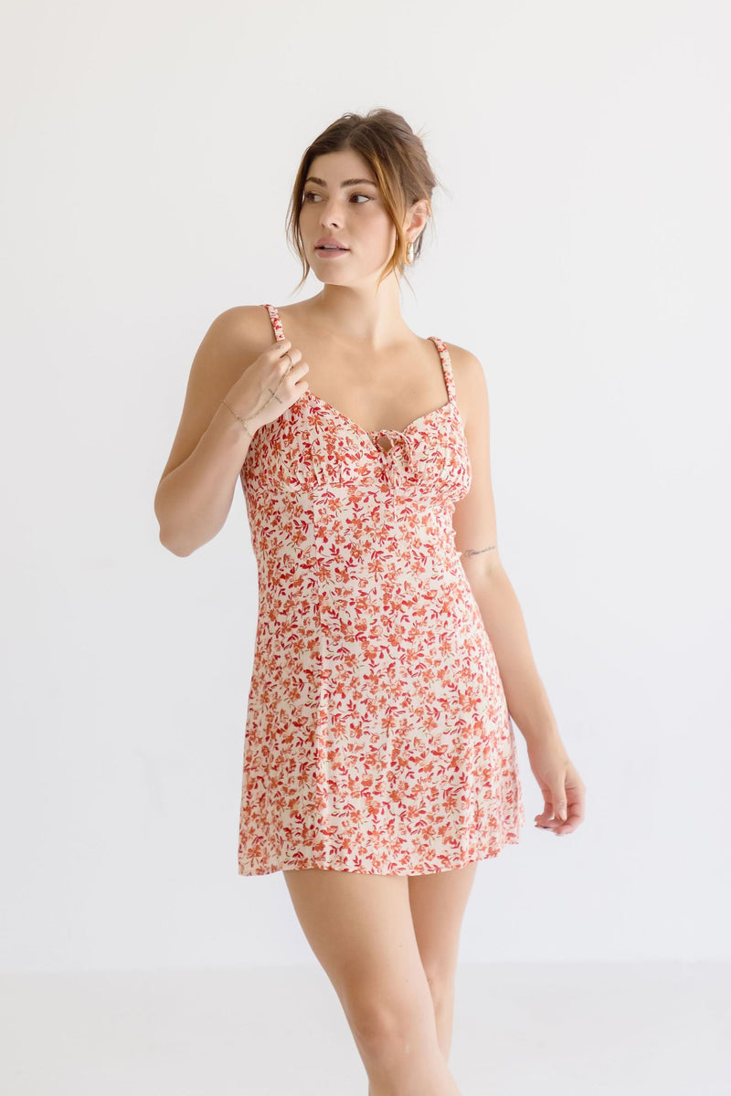  Sleeveless Front Tie Floral Print Mini Dress Rust