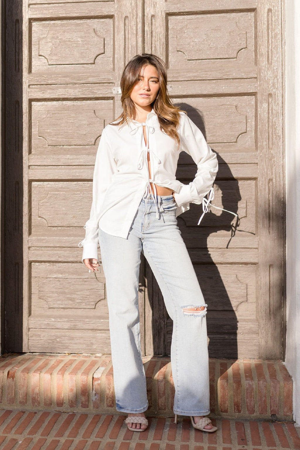 Long Sleeve Bow Tie Top White