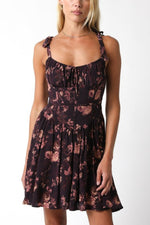 Sleeveless Shoulder Tie Floral Print Mini Dress Brown