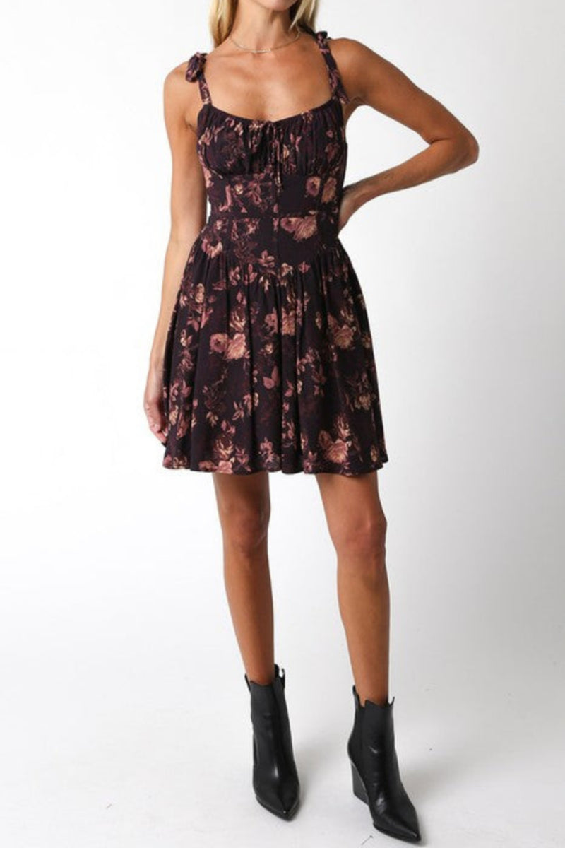 Sleeveless Shoulder Tie Floral Print Mini Dress Brown