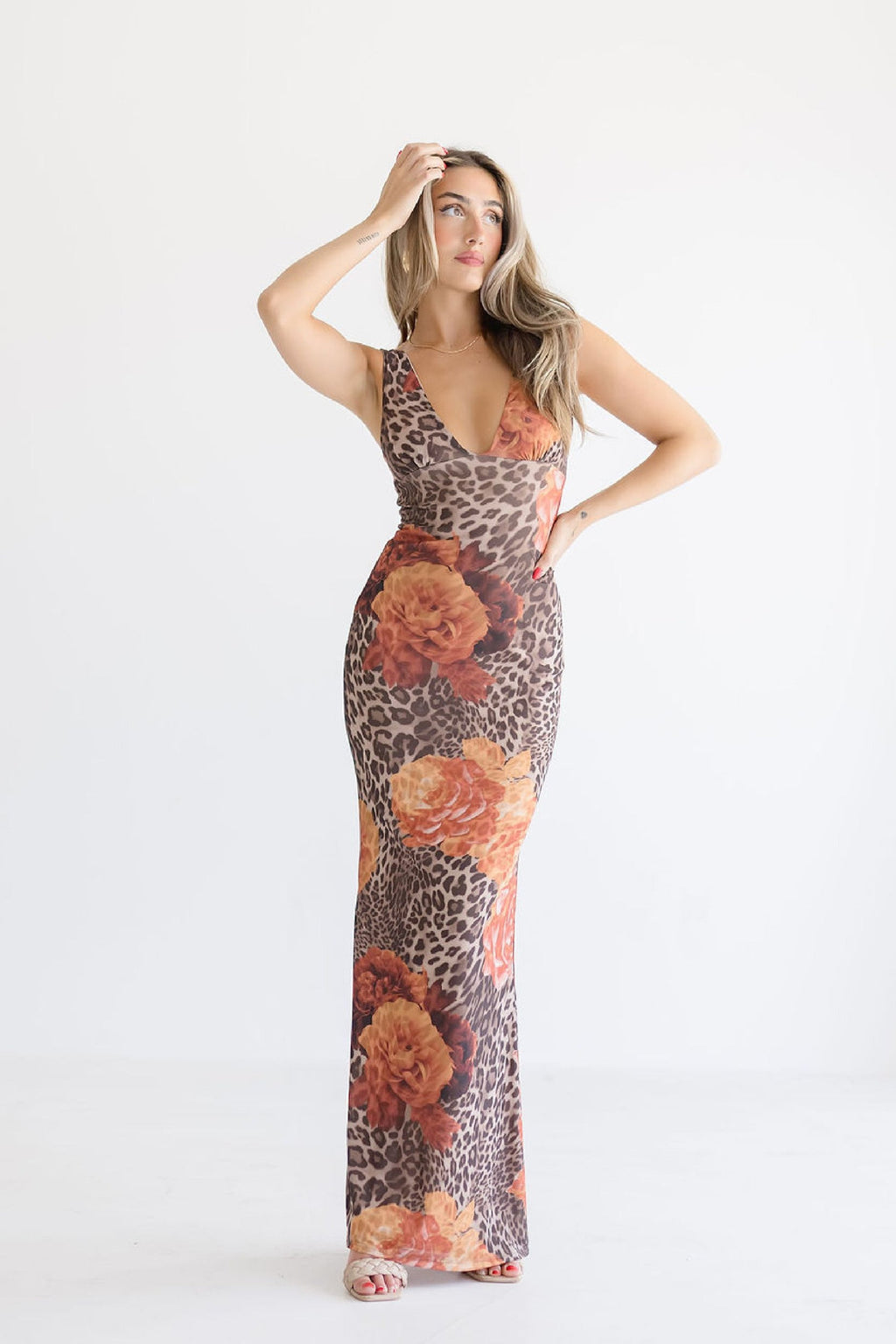 Sleeveless Leopard Floral Print Maxi Dress Brown