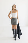 High Waist Washed Frayed Hem Denim Mini Skirt Black