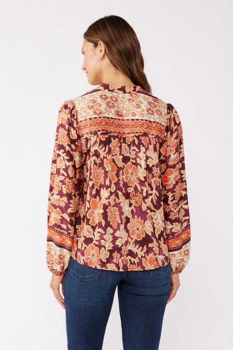 Long Sleeve Button Down Floral Print Top Burgundy