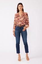 Long Sleeve Button Down Floral Print Top Burgundy