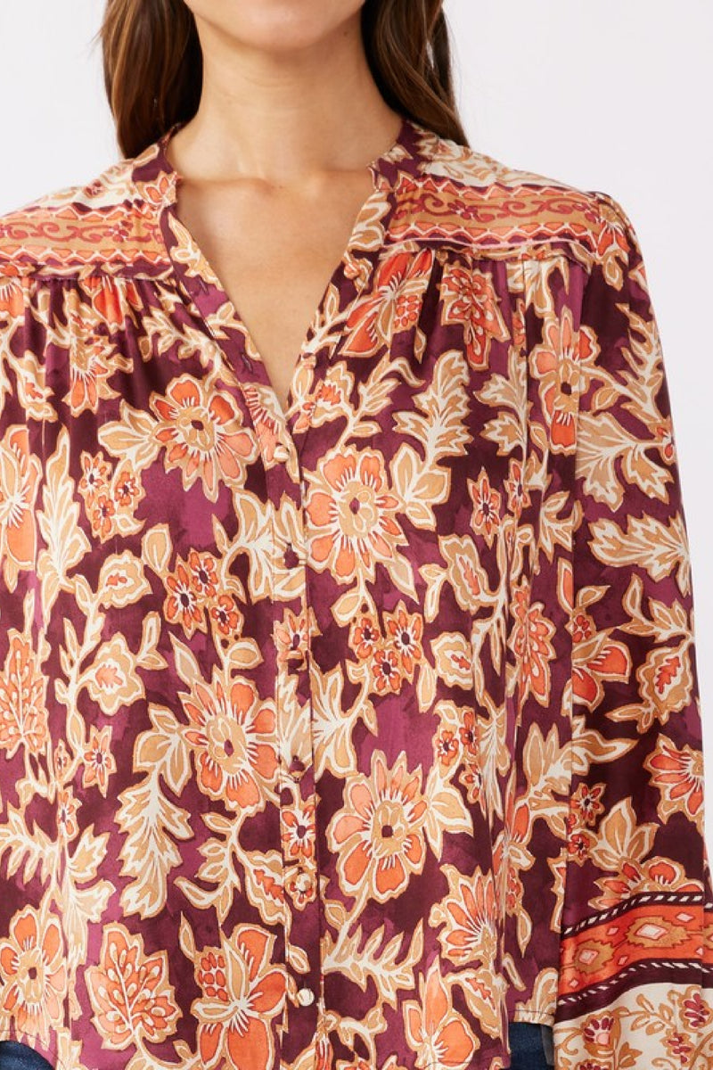 Long Sleeve Button Down Floral Print Top Burgundy