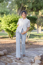 Short Sleeve Button Down Floral Lace Top White