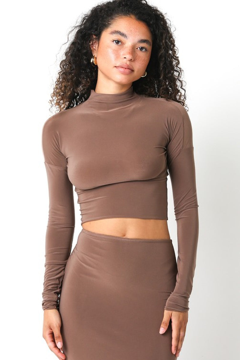 Nichole Long Sleeve Mock Neck Crop Top And Maxi Skirt Brown