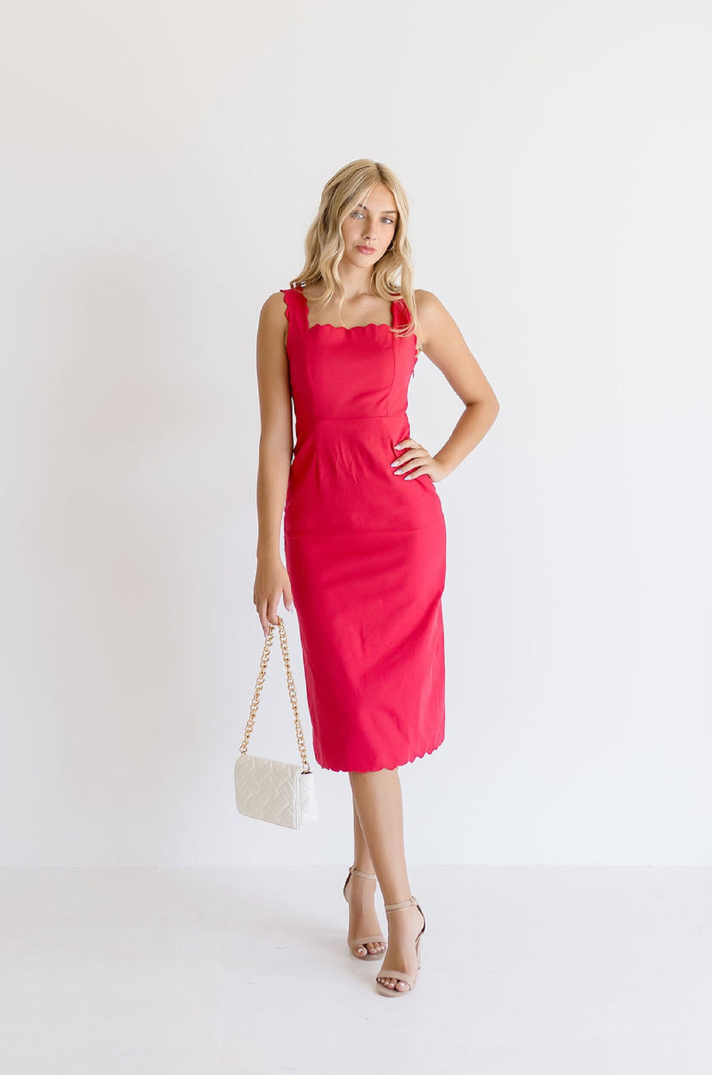 Sleeveless Scalloped Linen Midi Dress Red