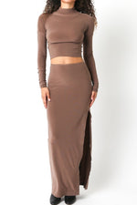 Nichole Long Sleeve Mock Neck Crop Top And Maxi Skirt Brown