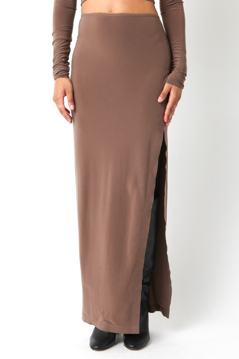 Nichole Long Sleeve Mock Neck Crop Top And Maxi Skirt Brown