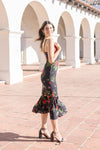 Sleeveless Floral Print Mermaid Midi Dress Black