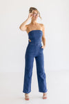 Sleeveless Back Tie Wide Leg Denim Jumpsuit Dark Wash