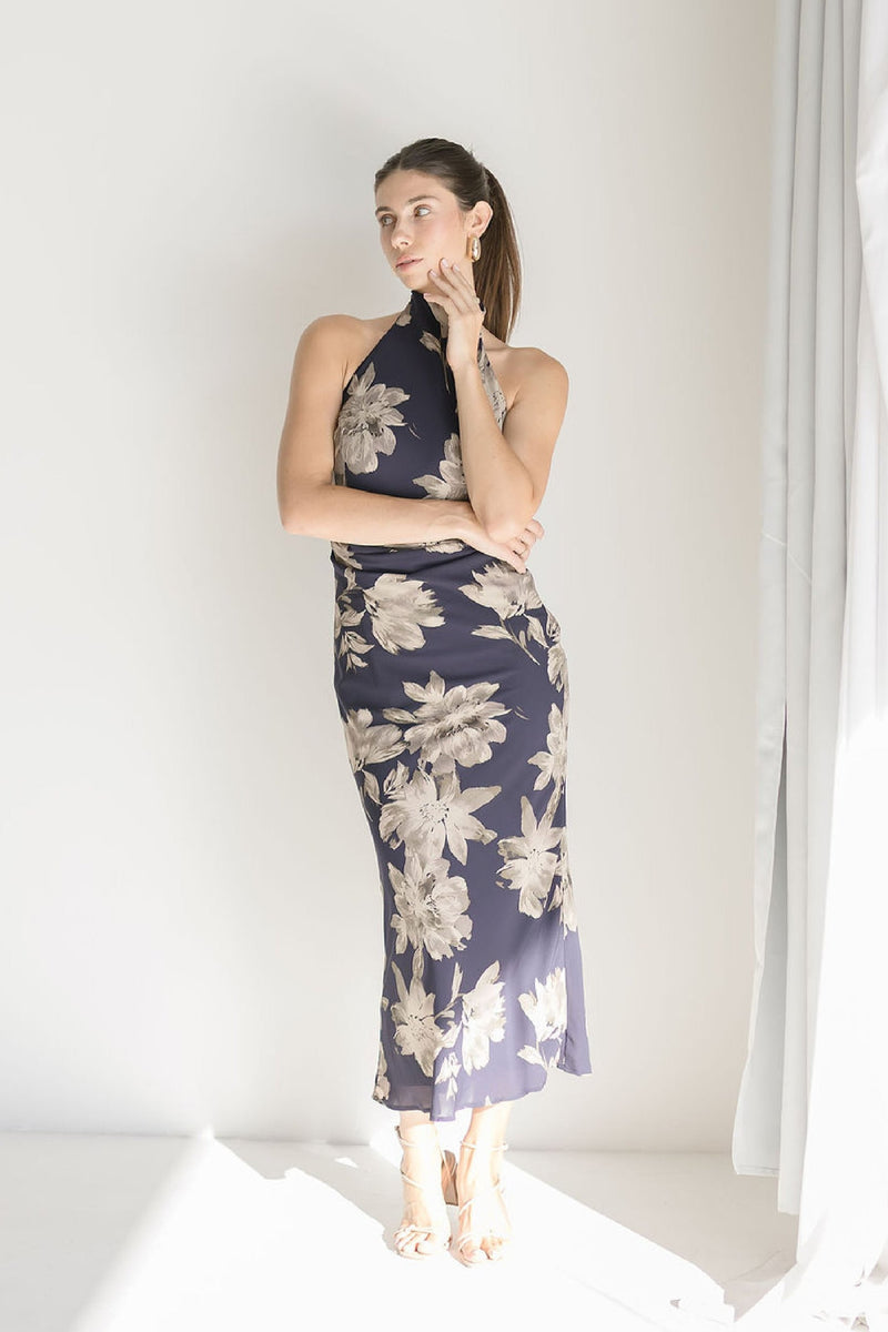 Halter Neck Floral Print Maxi Dress Black