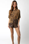  Short Sleeve Button Down Leopard Print Top Brown