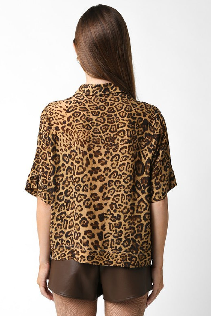  Short Sleeve Button Down Leopard Print Top Brown