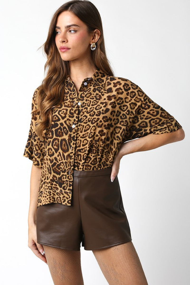  Short Sleeve Button Down Leopard Print Top Brown