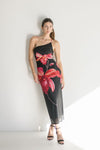 Sleeveless One Shoulder Mesh Floral Print Maxi Dress Black