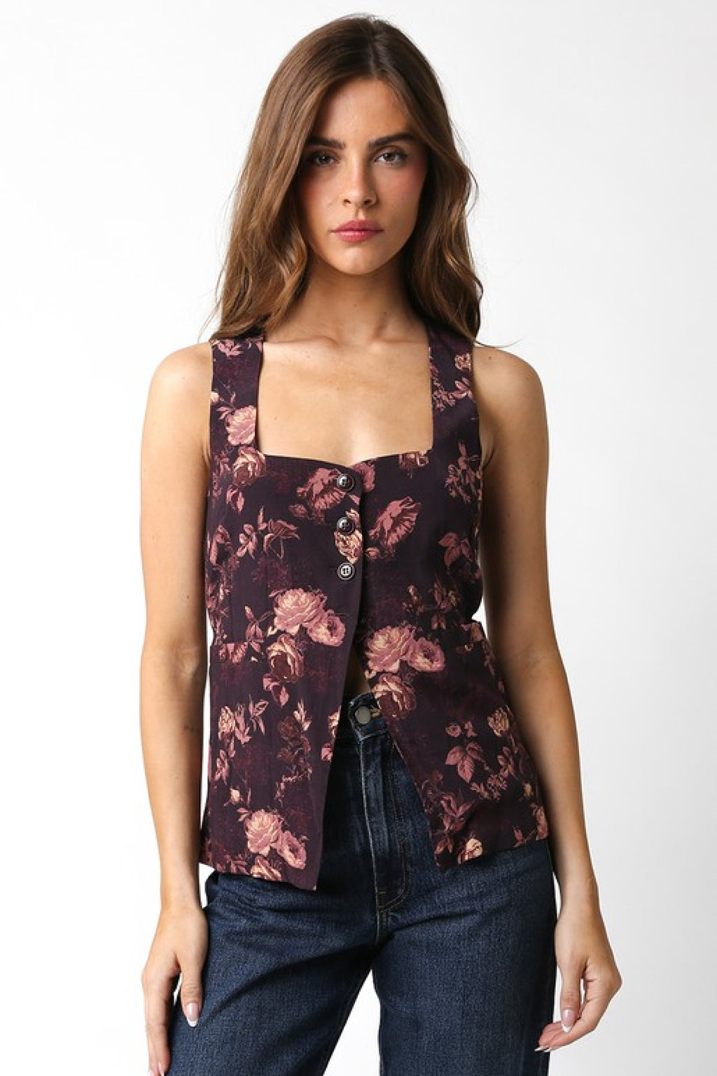 Sleeveless Partial Button Down Floral Print Top Brown