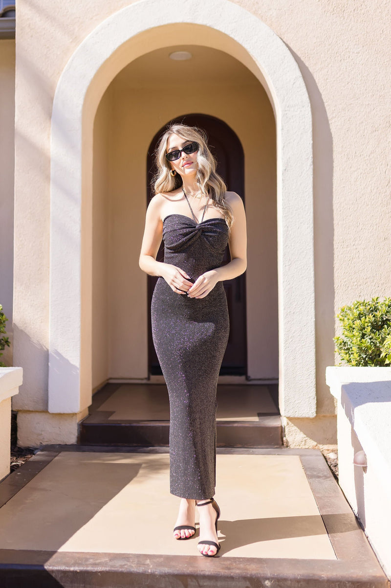 Sleeveless Halter Tie Knit Maxi Dress Black