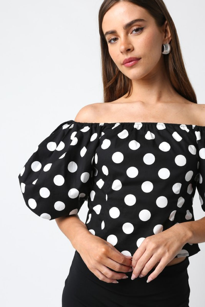 Off The Shoulder Puff Sleeve Polka Dot Print Top Black