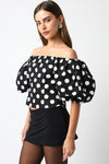 Off The Shoulder Puff Sleeve Polka Dot Print Top Black