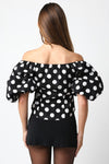 Off The Shoulder Puff Sleeve Polka Dot Print Top Black