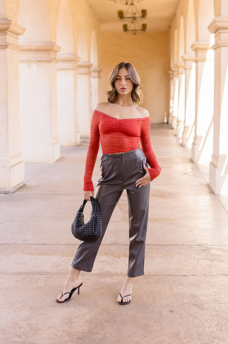 Long Sleeve Off The Shoulder Lace Top Red