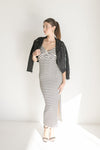 Short Sleeve Stripe Print Knit Maxi Dress Black