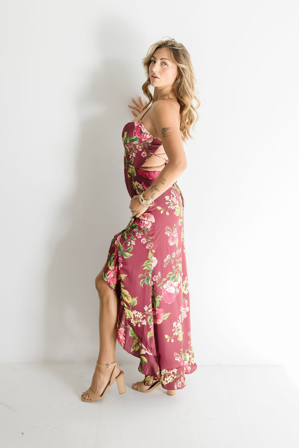 Sleeveless Back Tie Floral Print Maxi Dress Burgundy