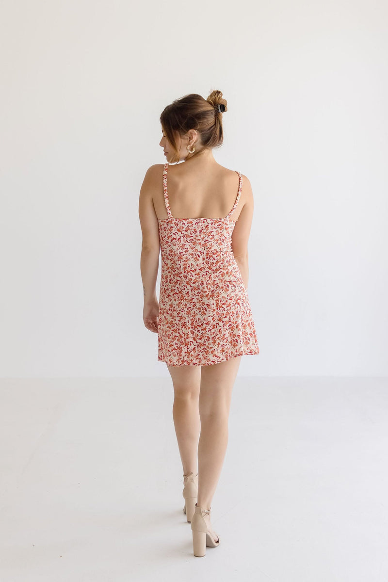  Sleeveless Front Tie Floral Print Mini Dress Rust