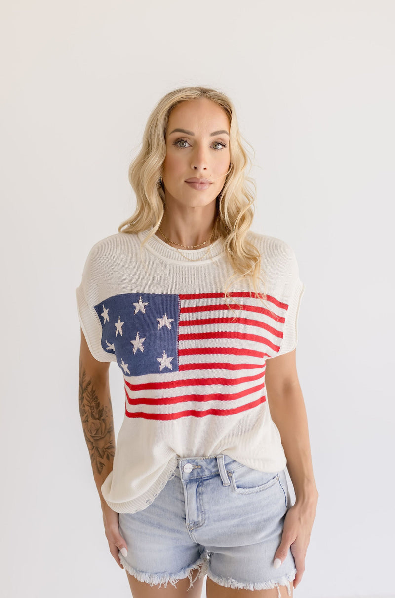 America Flag Print Cap Sleeve Raw Hem Sweater Top White
