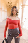 Long Sleeve Off The Shoulder Lace Top Red