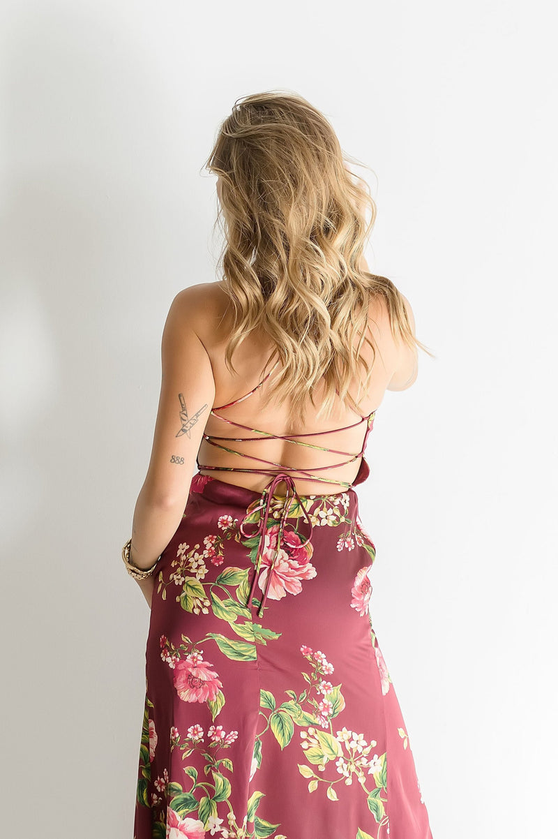 Sleeveless Back Tie Floral Print Maxi Dress Burgundy