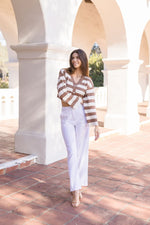 Long Sleeve Stripe Print Cropped Cardigan Taupe