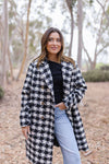 Long Sleeve Houndstooth Print Tweed Coat Black