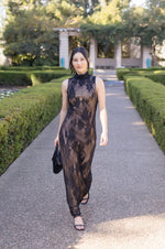  Sleeveless Mock Neck Floral Lace Maxi Dress Black