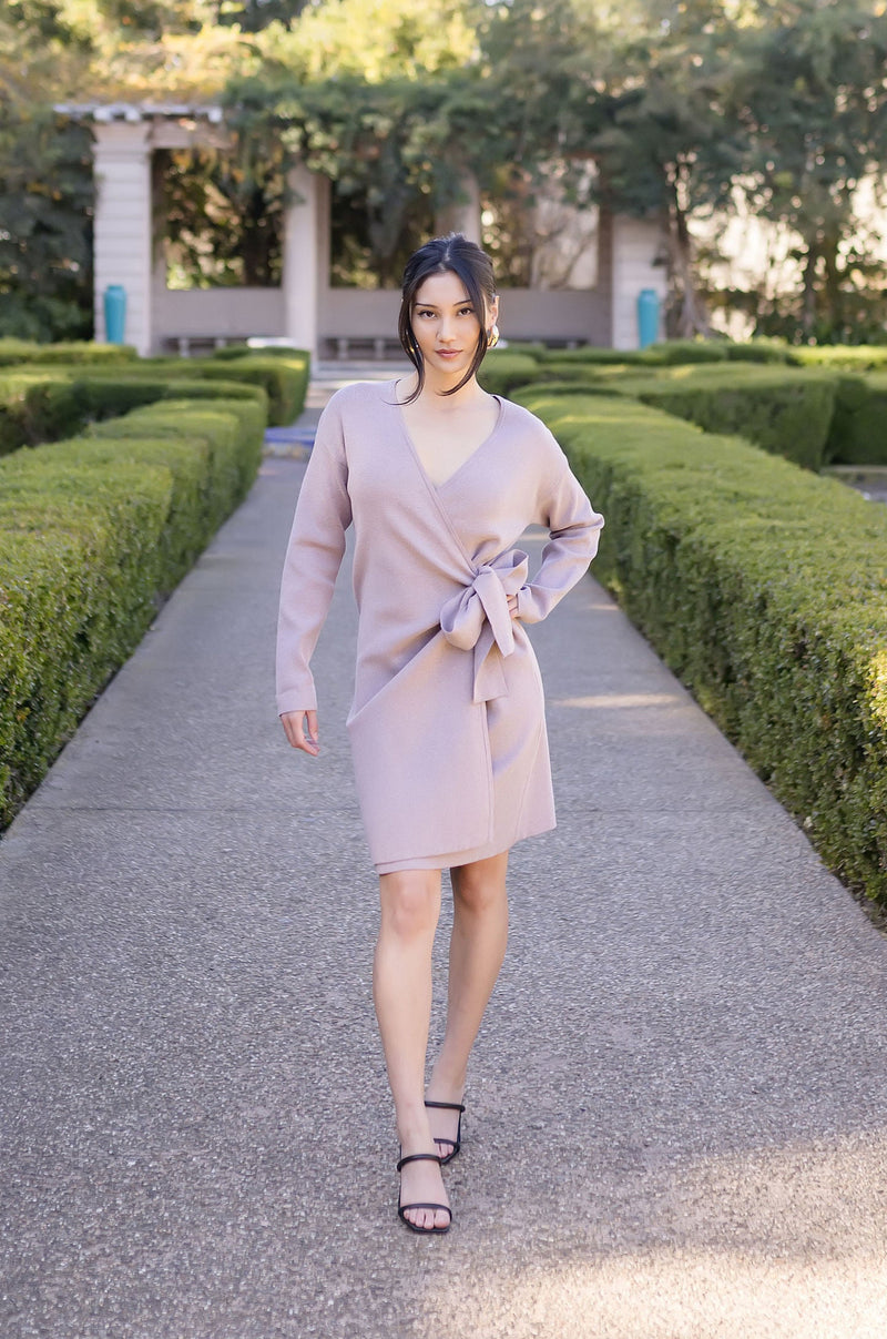 Long Sleeve Wrap Knit Sweater Mini Dress Taupe