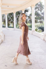  Short Sleeve Button Down Polka Dot Print Midi Dress Brown