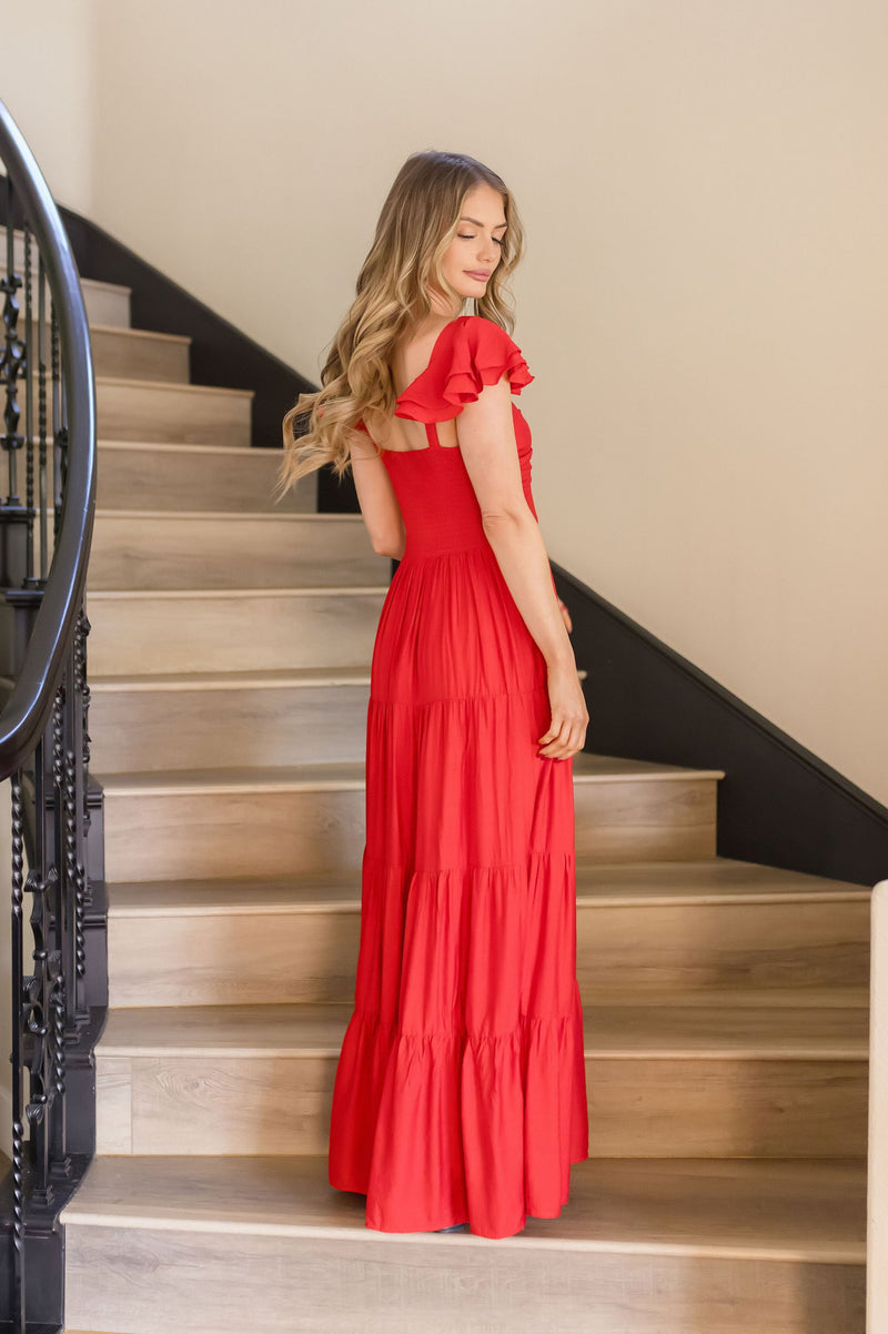 Ruffle Sleeve Maxi Dress Red