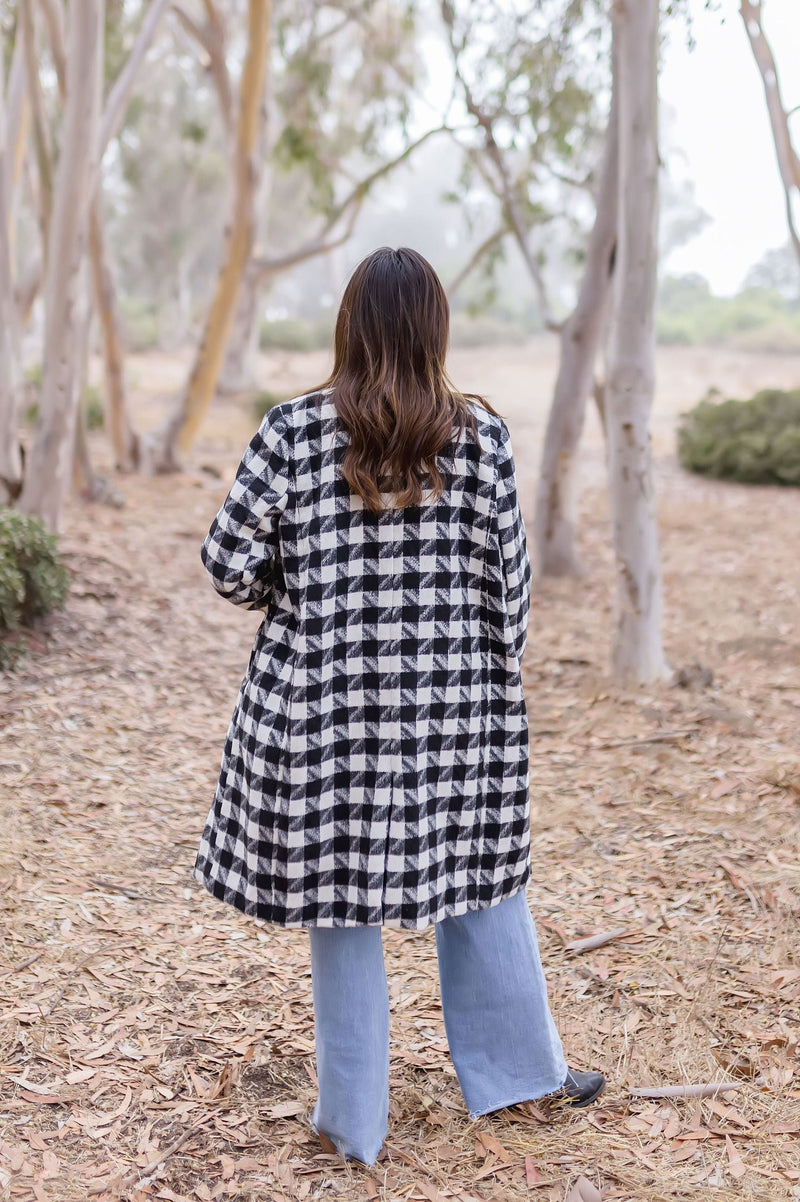 Long Sleeve Houndstooth Print Tweed Coat Black