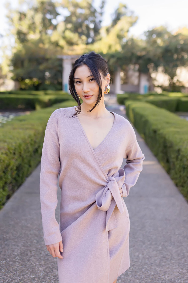 Long Sleeve Wrap Knit Sweater Mini Dress Taupe