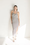 Sleeveless Halter Tie Stripe Print Knit Maxi Dress Black