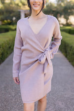 Long Sleeve Wrap Knit Sweater Mini Dress Taupe