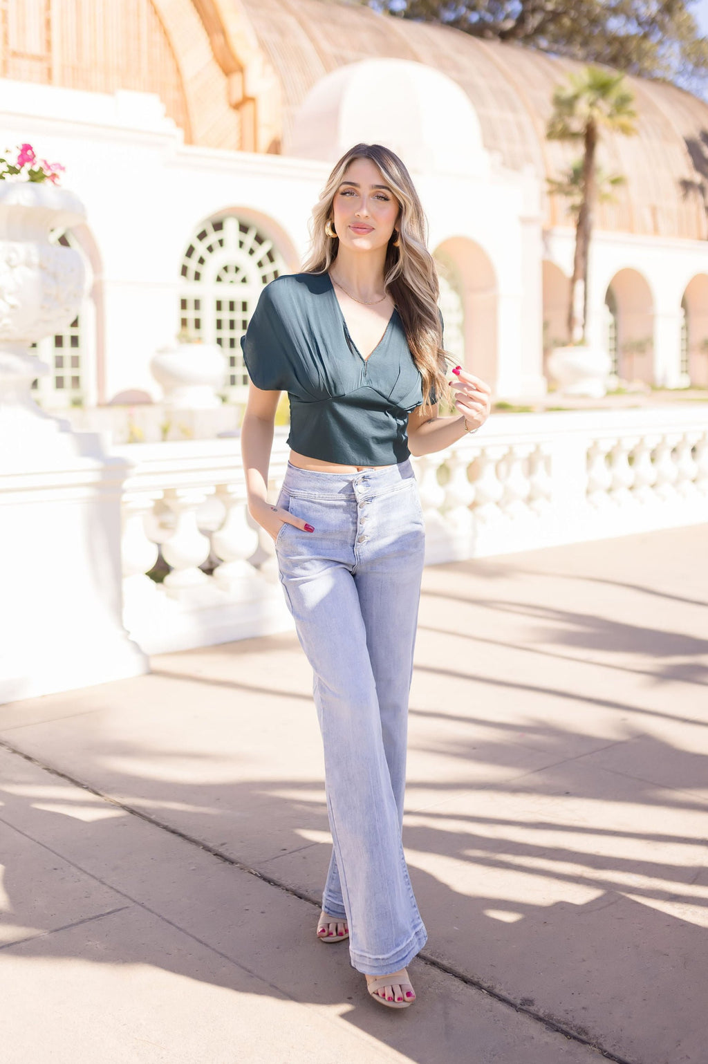 Katrina Short Sleeve Satin Crop Top Teal