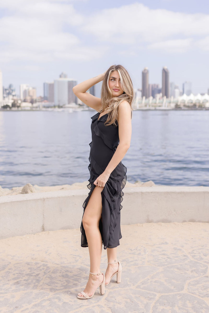  Sleeveless Ruffle Midi Dress Black